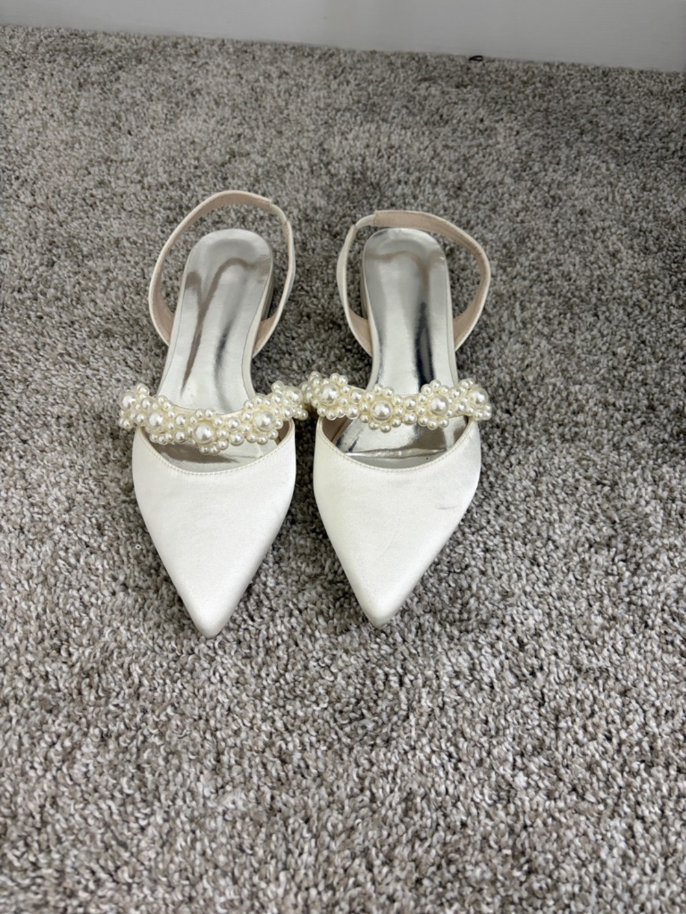 Pearl-Embellished White Slingback Pointed Toe Flats